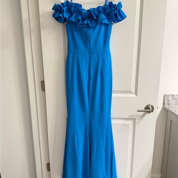 XSCAPE Formal Dress Off-The-Shoulder Ruffled-Sleeve Gown, Turquoise Blue, Size 6 - Picture 3 of 7